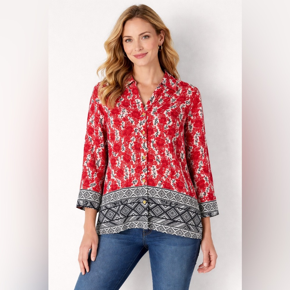 Charter Club Red Floral Blouse with Black Accents